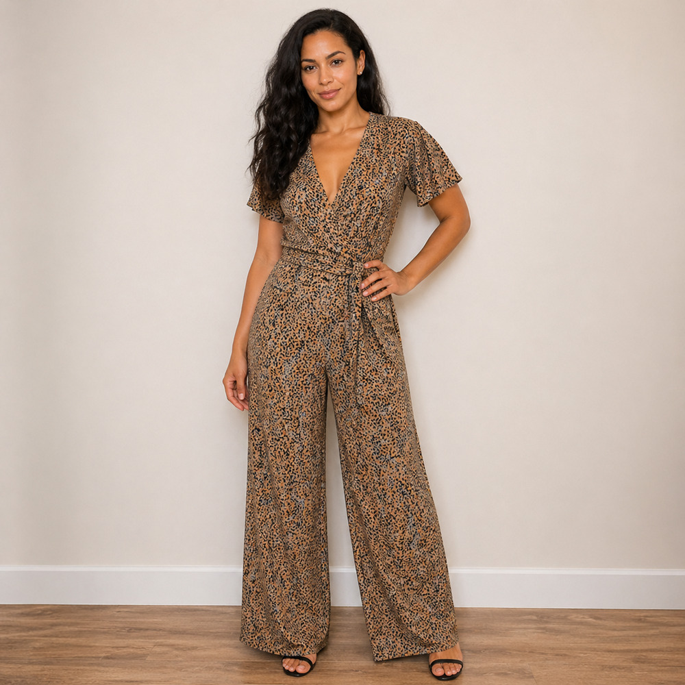 Anthropologie Greylin Galena Wide Leg Jumpsuit Brown Black Print Belted Size S